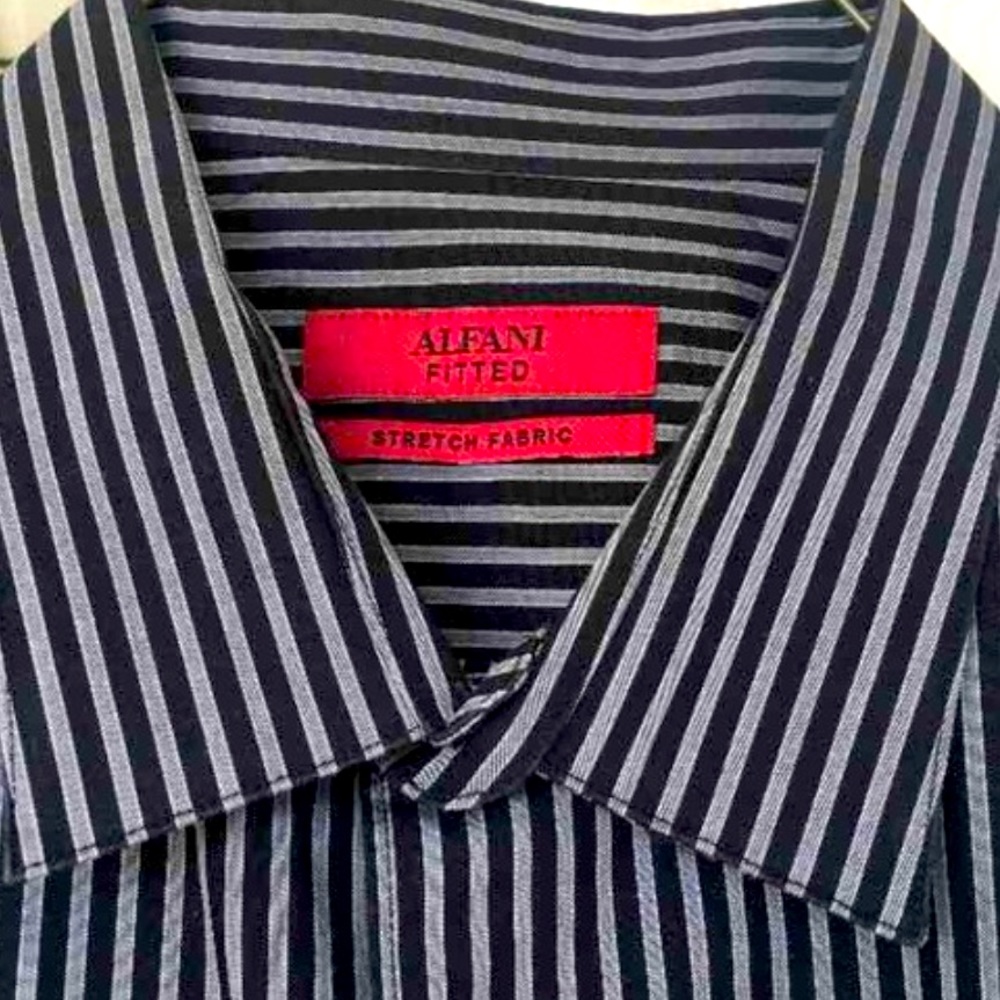 Alfani Fitted Dress Shirt Black Gray Striped 17.5